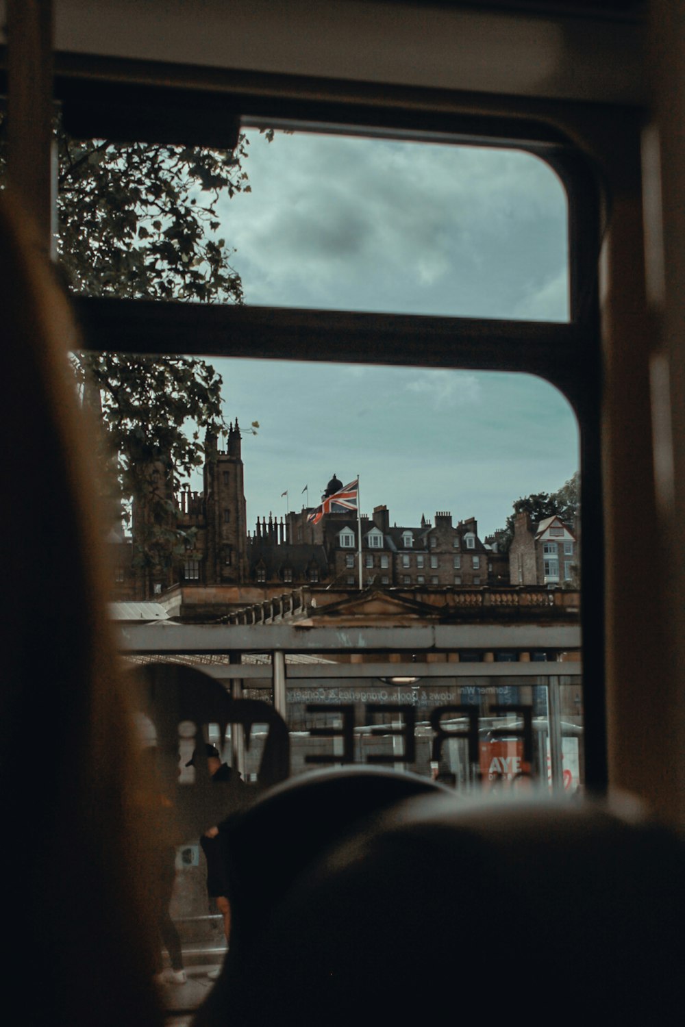 a view of a clock tower from a window