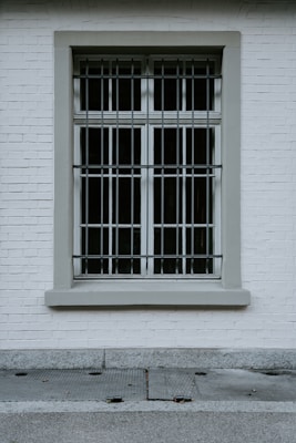 A barred window set within a pale brick wall. The window features multiple vertical and horizontal bars forming a grid pattern. A concrete ledge and a section of gray stone pavement are visible at the bottom.