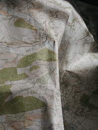 A detailed topographical map with green, blue, and brown areas indicating various terrain features such as forests, rivers, and elevations. The map is slightly crumpled, adding a textured appearance.