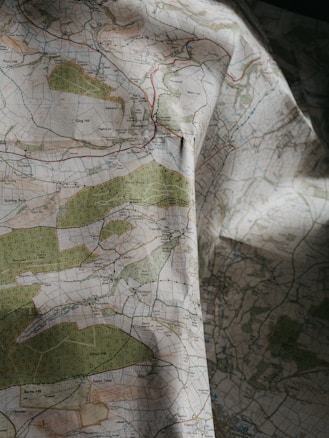 A detailed topographical map with green, blue, and brown areas indicating various terrain features such as forests, rivers, and elevations. The map is slightly crumpled, adding a textured appearance.