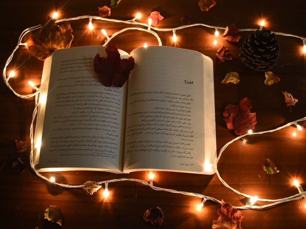 string lights beside opened book