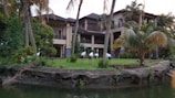 A luxurious house is surrounded by lush greenery and palm trees, featuring a manicured lawn where several tall birds are standing. The building has a modern architectural style with large windows and a spacious veranda.