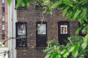 A brick building facade with three windows displaying political posters. The first window has a poster with the phrase 'LOCK HIM UP!' featuring a man. The second window shows 'NATIONAL RUSSIAN ASSET,' and the third window has a poster with the text 'PUTIN'S USEFUL IDIOT' alongside a man's face. Green foliage partially obscures the view.