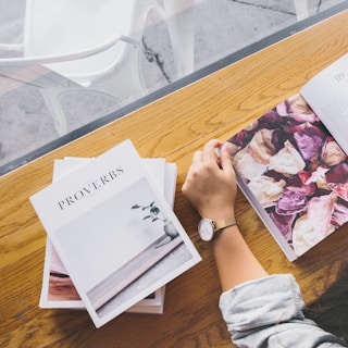 A person is sitting at a wooden table with a few open books. One book has a cover titled 'Proverbs' with a minimalist design featuring a small vase and a plant. Another book is open, displaying images of dried flowers. The person's left hand, wearing a watch, rests on the table.