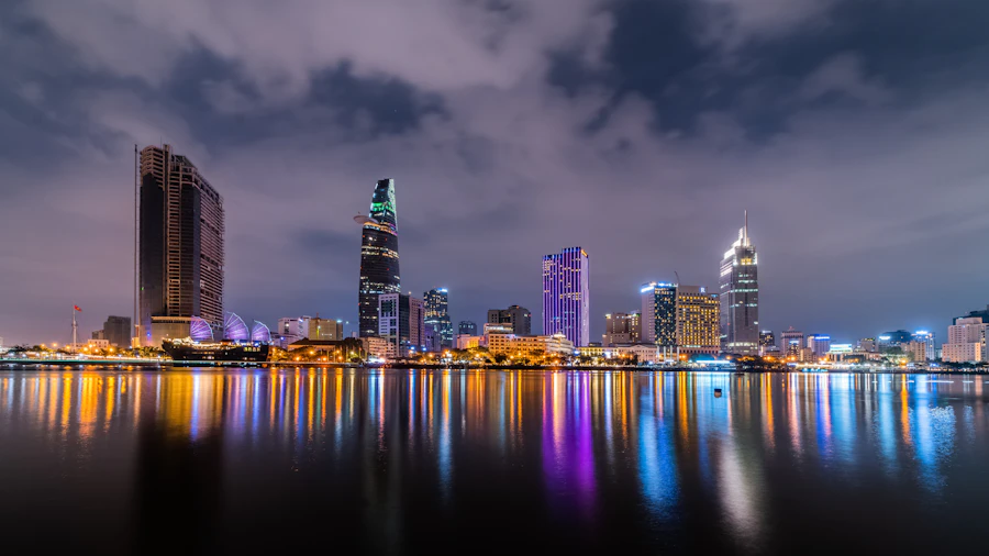 Ho Chi Minh City modern skyline and Saigon river at dusk