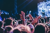 A large crowd of people with their hands raised, possibly enjoying a live music concert. Bright stage lights illuminate the scene, and the focus is on the enthusiastic audience. Some concert-goers wear wristbands, suggesting a festival or a ticketed event.