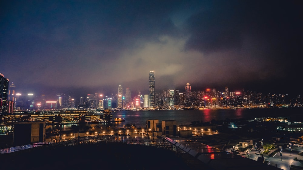 city skyline during night time