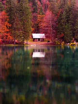 A serene cabin is nestled among autumn trees with vibrant red and orange foliage. The scene is reflected in a calm lake that adds a symmetrical quality to the composition, surrounded by evergreen trees.