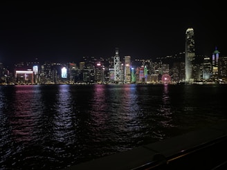 A bustling city skyline at night illuminated by colorful lights reflecting on a river.