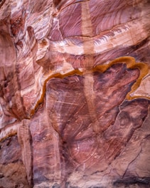 The image captures the intricate patterns and textures of a rock formation, showcasing layers of sedimentary rock in warm hues. The lines and swirls create a natural abstract art with varying shades of red, brown, and tan.