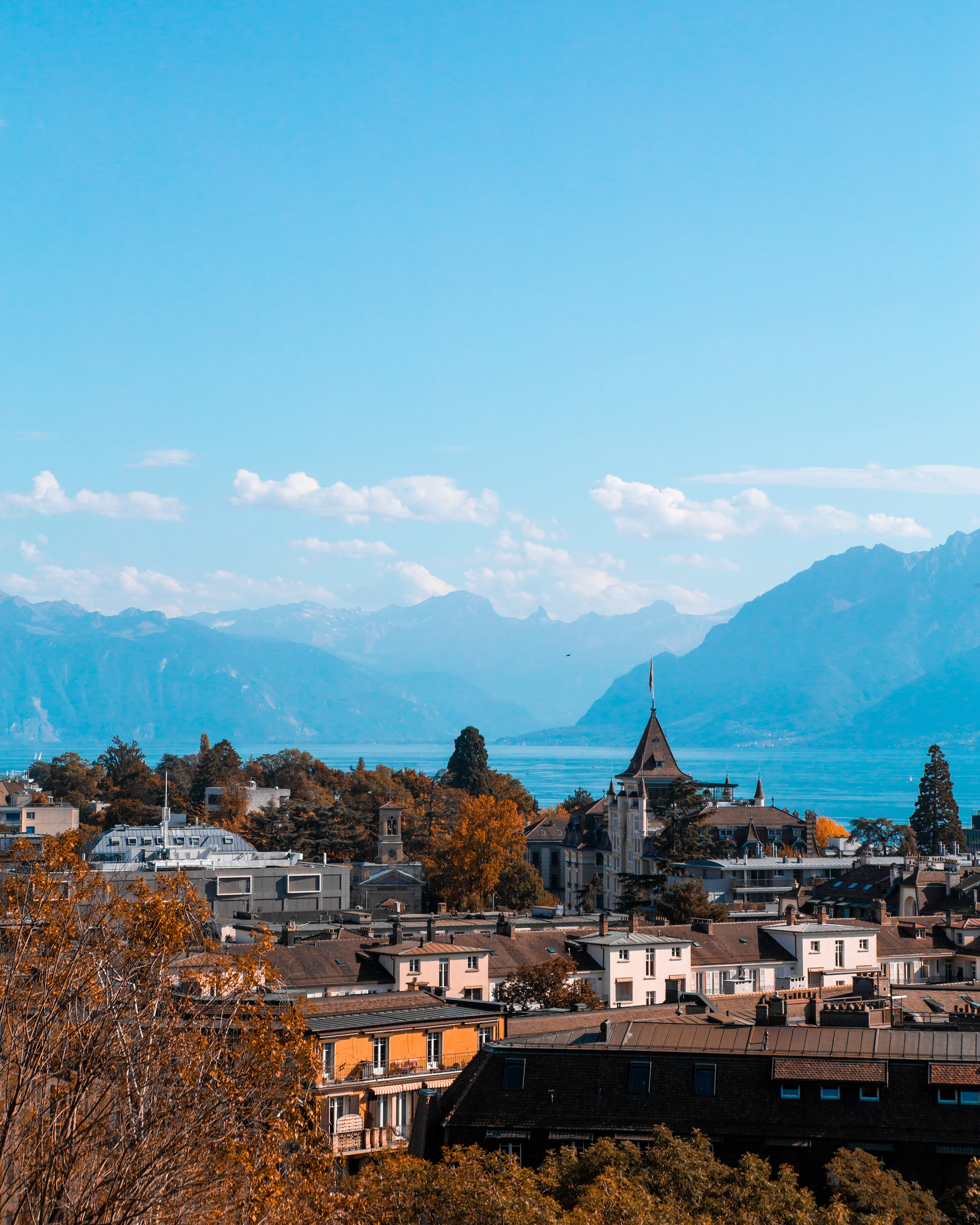 Rooftops of Lausanne with Lake Geneva and the Alps