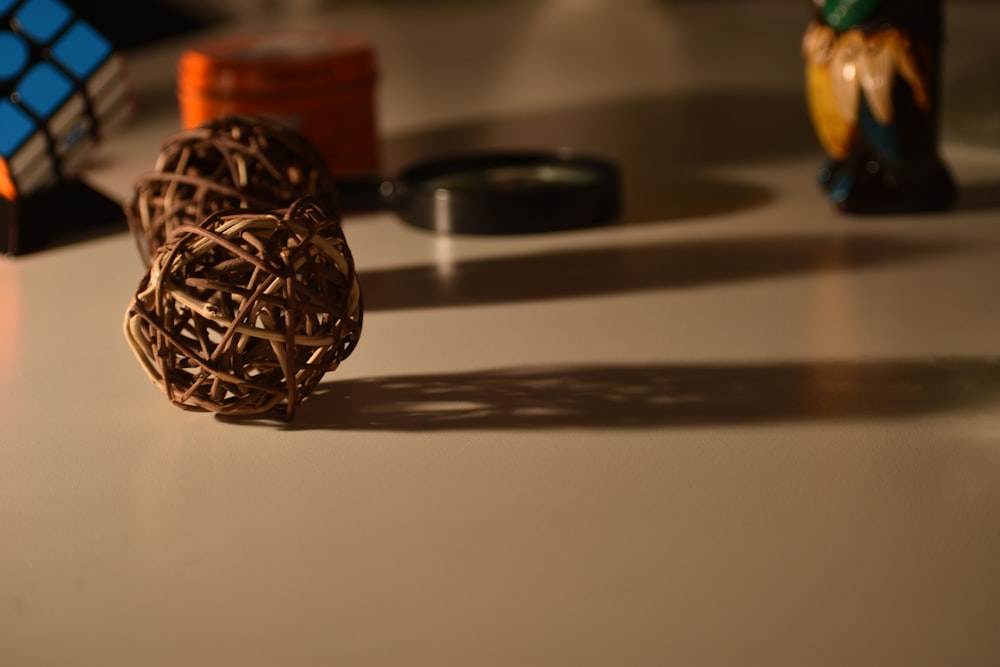 brown wicker balls on table