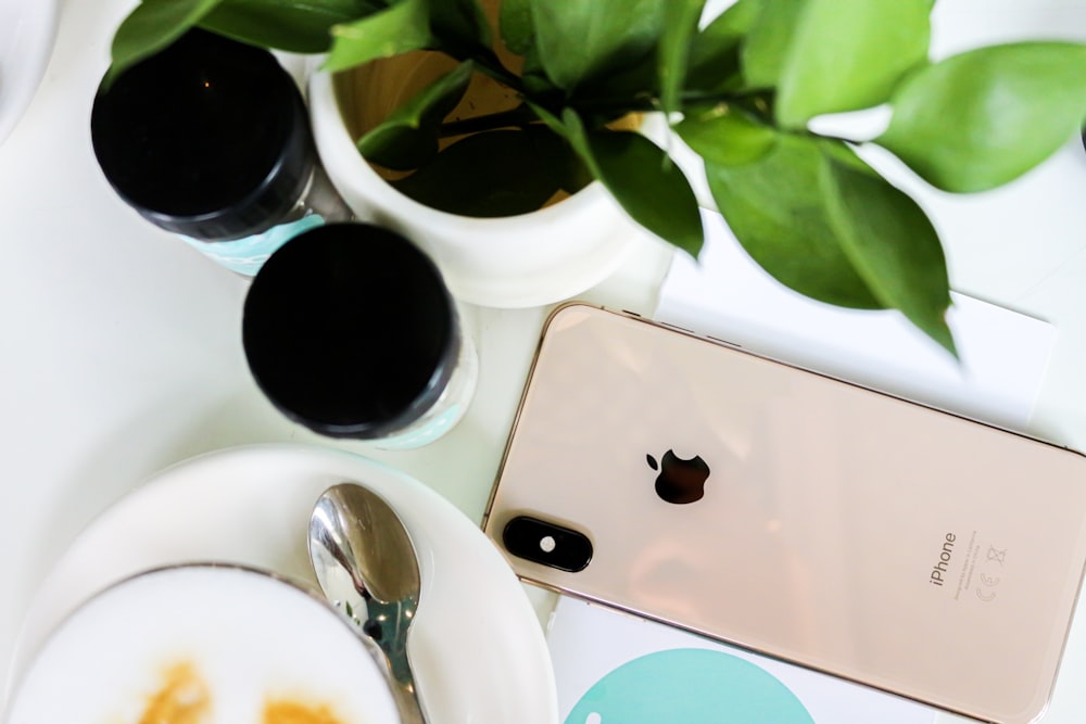 gold iPhone X and green plant