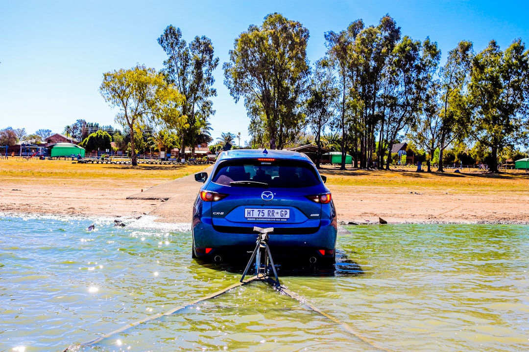 blue Mazda vehicle with rope on it's back on body of water near trees during day