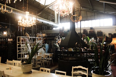 An eclectic indoor space decorated with chandeliers hanging from the ceiling. There are multiple tables and chairs arranged in the foreground, with potted plants placed on the tables. Shelving units filled with various items occupy the background, along with stacks of suitcases and a range of decor items. The room has a high ceiling with visible metal ductwork. A large dark metal structure, possibly a fireplace or decorative piece, is centrally located.