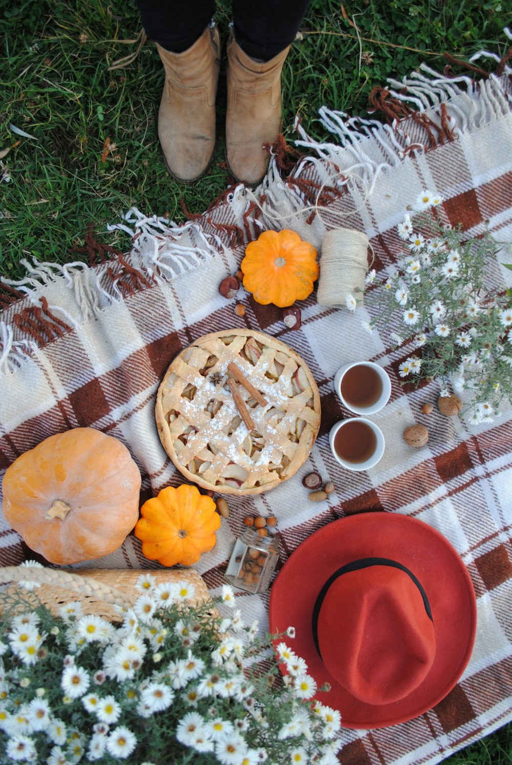 pie beside pumpkins, drinks, and hat on plaid textile