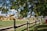 A rural scene with a farm setting highlighted by a group of people gathered around a large stack of hay bales. The background includes a white domed structure, and the scene is bordered by lush green trees and a wooden fence. The path is lined with wooden stakes, and there are individuals walking and interacting in the area.