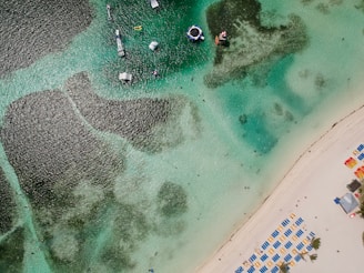 An aerial view of a beach with clear turquoise water, dark patches of coral or seaweed, and a sandy shoreline. There are various water activities visible, including floating platforms and inflatable structures. On the beach, rows of blue and yellow lounge chairs are neatly arranged. There are palm trees and a small building visible near the sand.