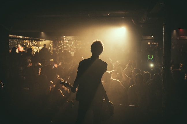 Crowd silhouetted against dark stage lights as guitar guy atx rocks out on stage.