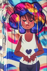 A vibrant street art mural featuring a cartoon-style character with large, colorful hair in shades of blue, purple, yellow, and pink. The character is depicted with closed eyes, expressing serenity, and holding a heart symbol. The background includes swirling, colorful patterns.