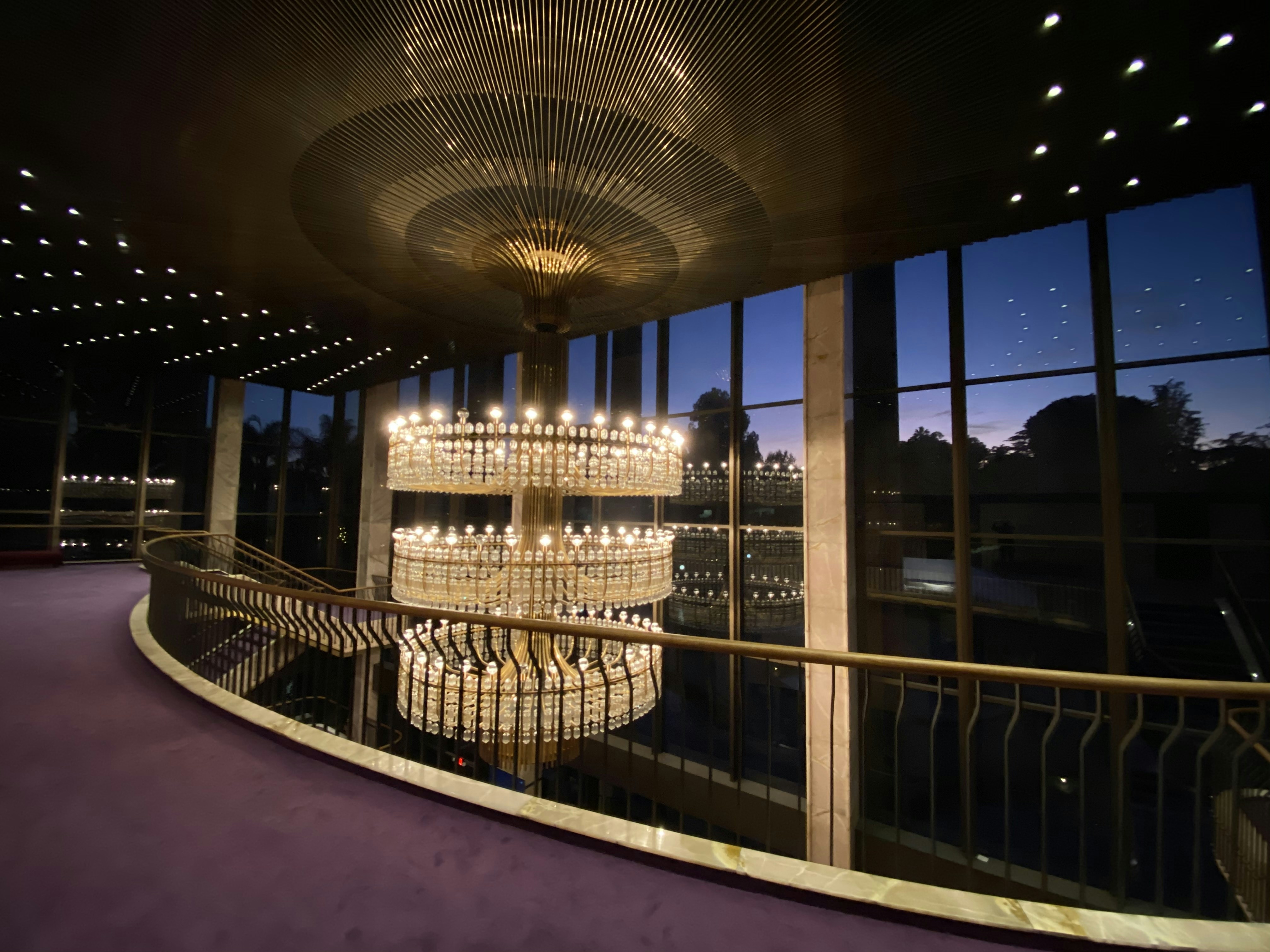 Luxury venue interior with chandeliers and entertainment floor