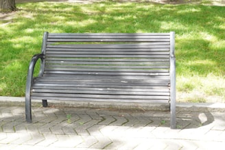 A city park bench with a phone resting on it, sunlight filtering through trees.