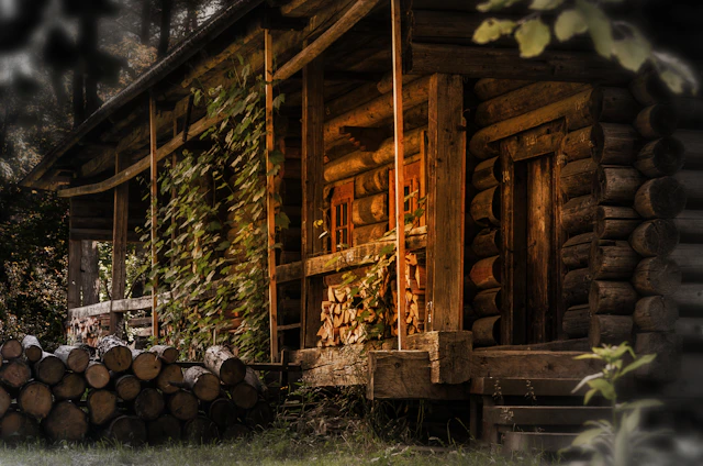 Rustic wooden cabin surrounded by lush flowers and trees beside a calm river in soft natural light