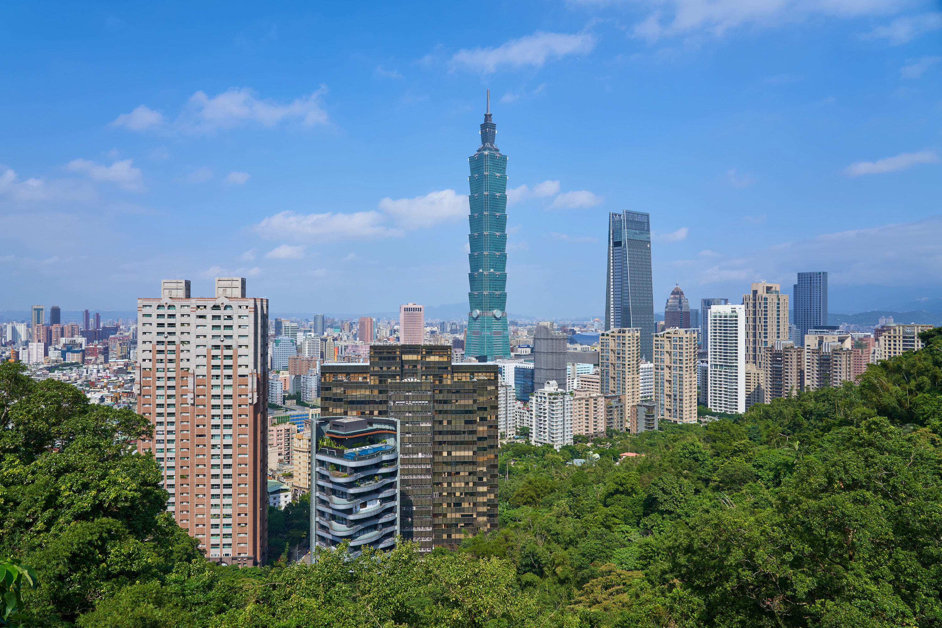 藍天與綠樹映襯的台北城市天際線