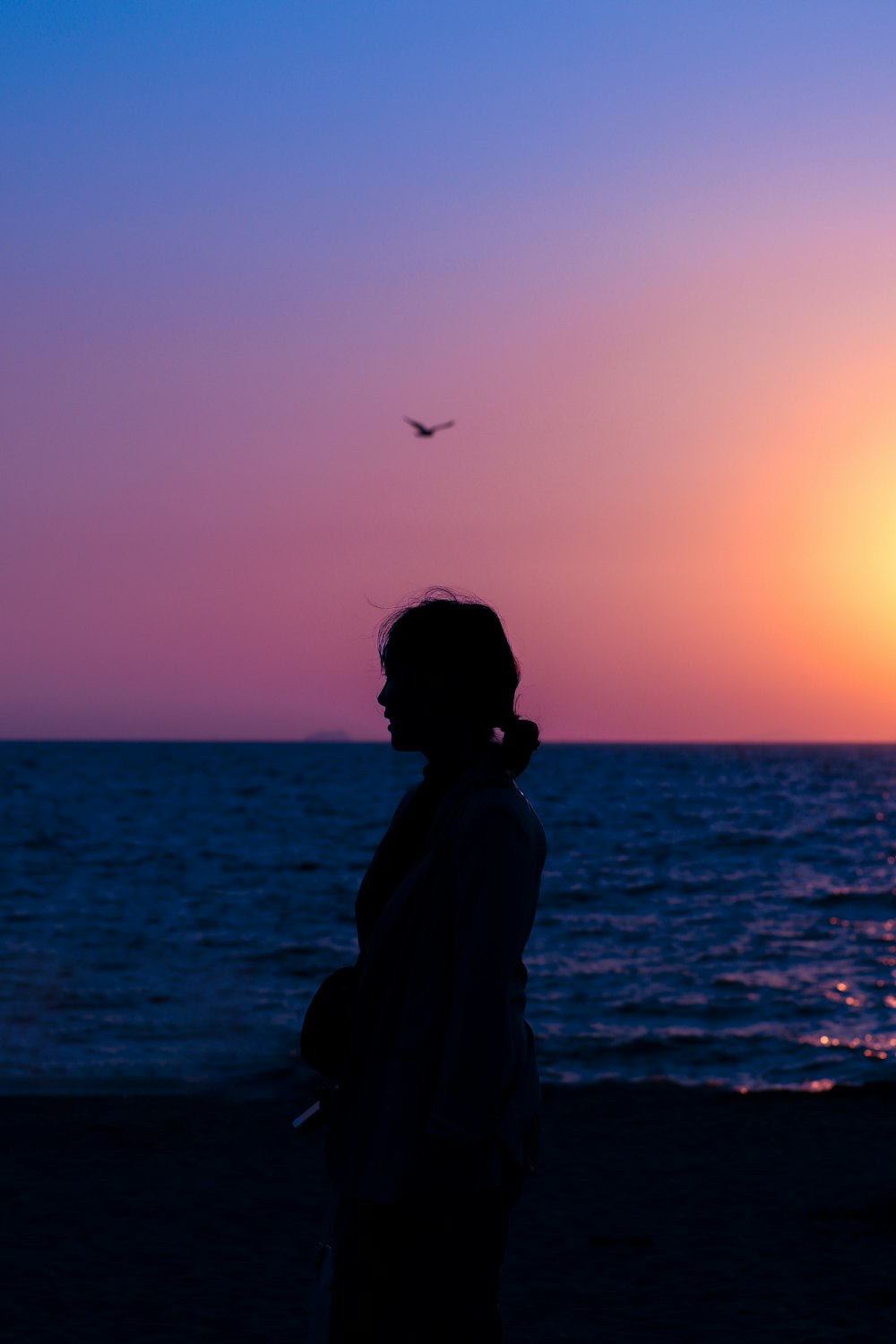silhouette of woman near ocean