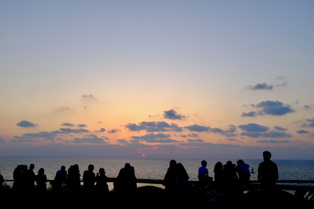 silhouette of people facing ocean