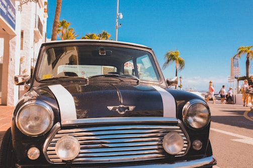 A classic black car with white racing stripes is parked on a sunny street near palm trees. The bright blue sky in the background adds to the summery atmosphere, while pedestrians walk by on the sidewalk. Nearby buildings and street signs indicate a coastal or tourist area.