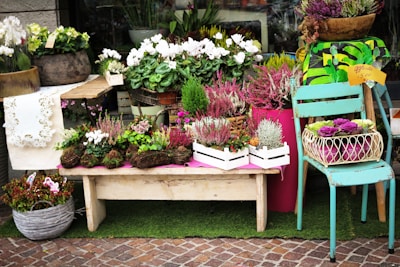 A display of various potted plants and flowers arranged creatively outside a store. The setup includes a wooden bench holding blooming plants in rectangular wooden crates, a small table draped with a lace cloth displaying more greenery, and a weathered turquoise chair with a white wire basket holding purple and green ornamental cabbages. The background includes large pots filled with plants and flowers, and the foreground features a basket of pink flowers. A sign on the chair indicates a price of five dollars.