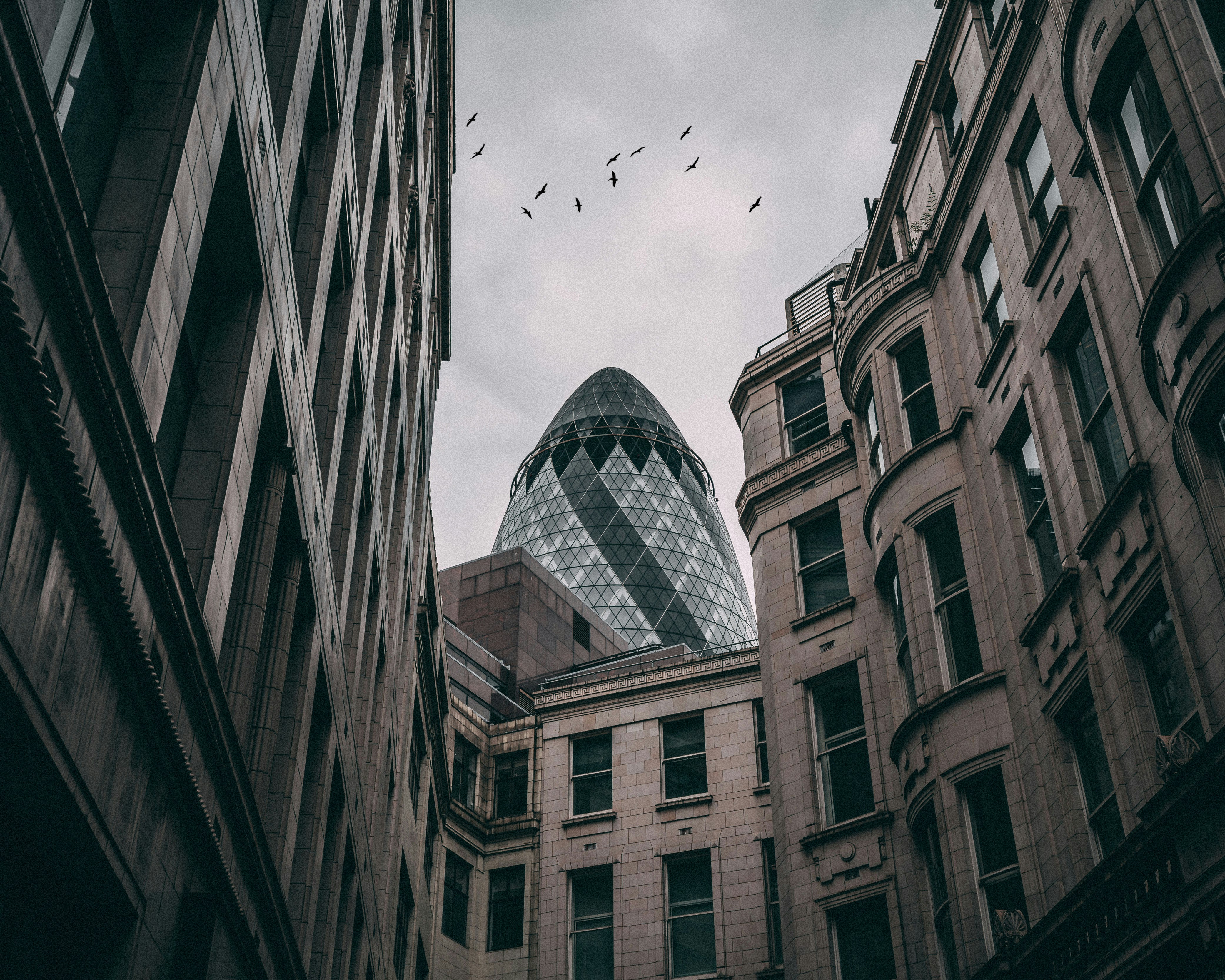 buildings by 30 St Mary Axe under gray skies