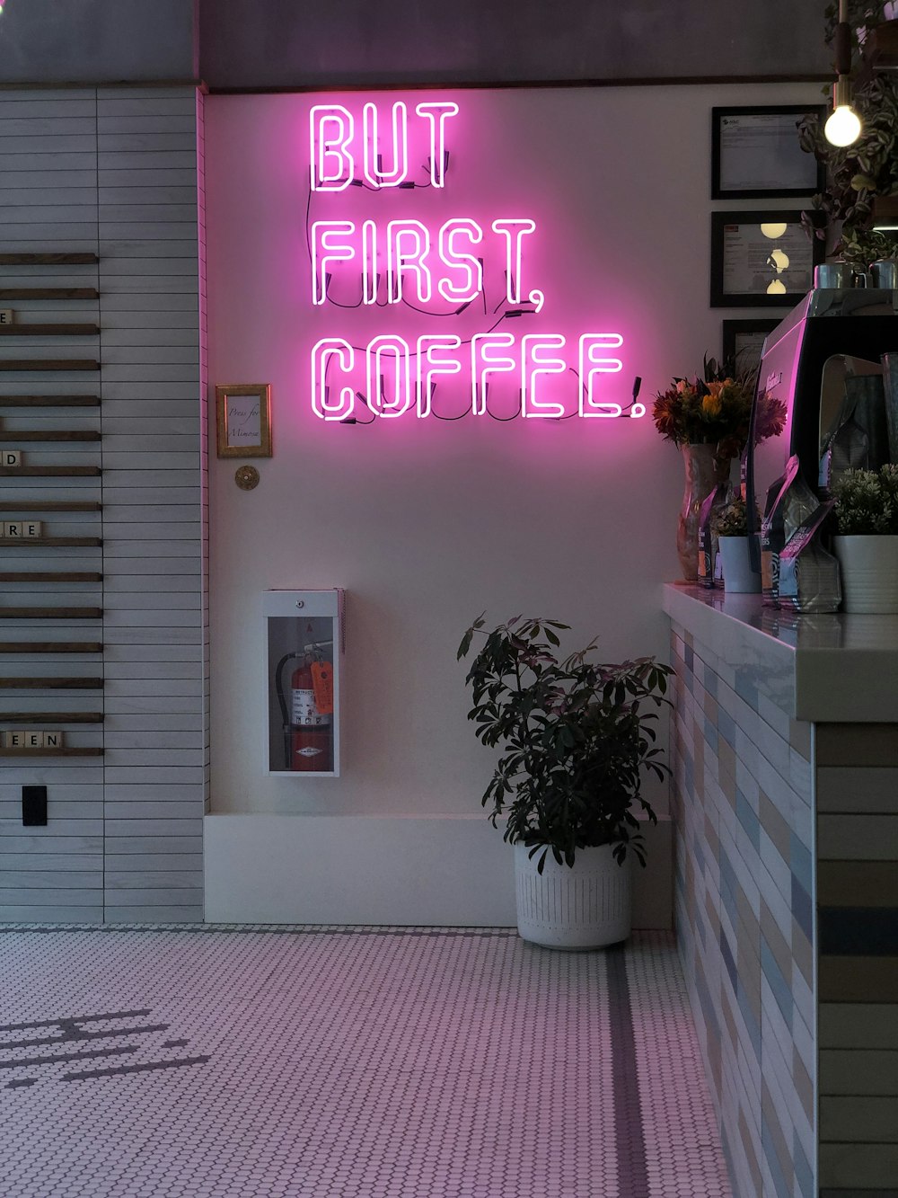 pink but first coffee neon sign