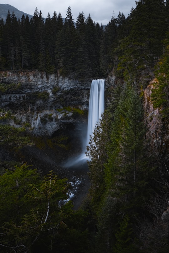 time-lapse photography of waterfalls by trees under gray skies in Brandywine Falls Provincial Park Canada