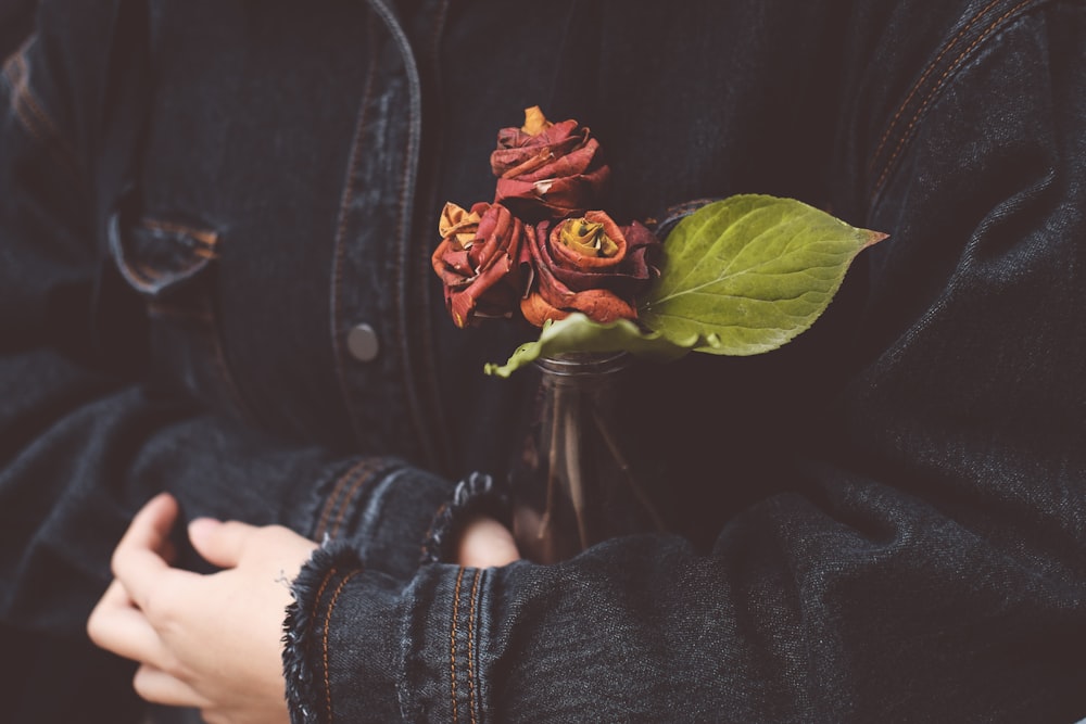 shallow focus photo of person holding red flowers