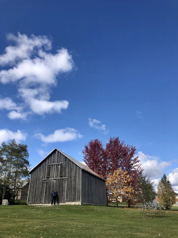 A serene countryside scene showing a freshly built pole barn with classic Amish woodworking details under a clear blue sky.