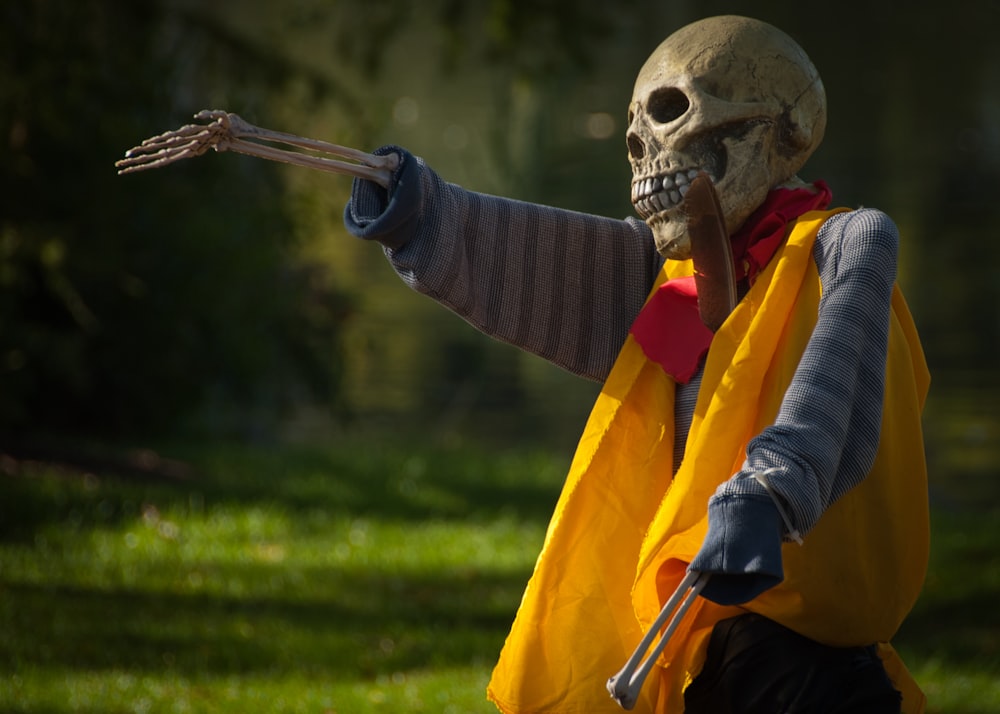 skeleton wearing long-sleeved shirt