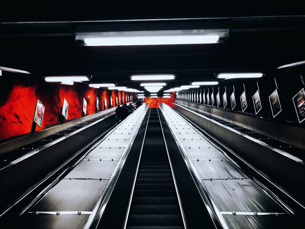 greyscale photography of escalator