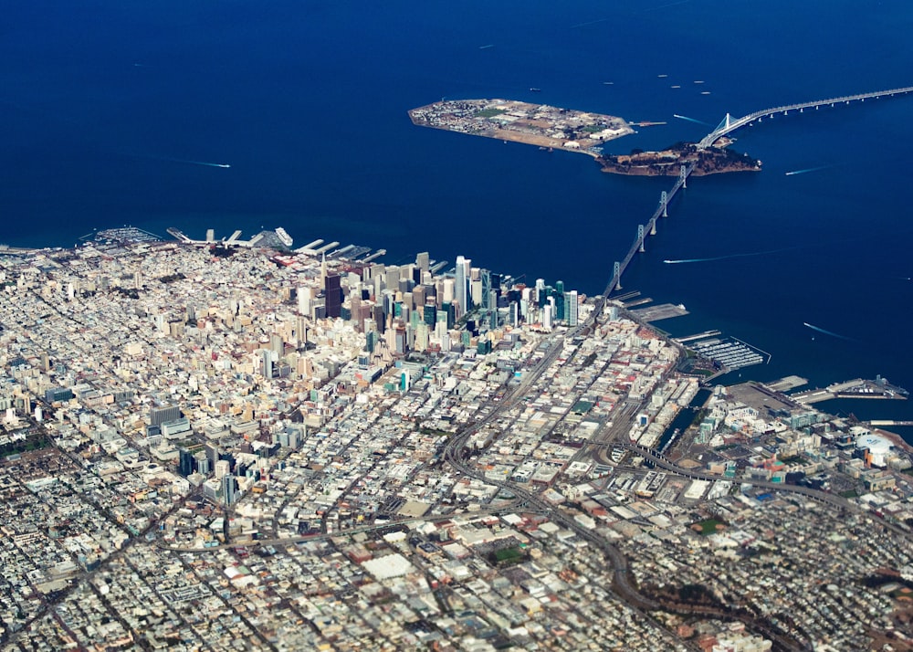 aerial photography of buildings and house viewing blue sea during daytime