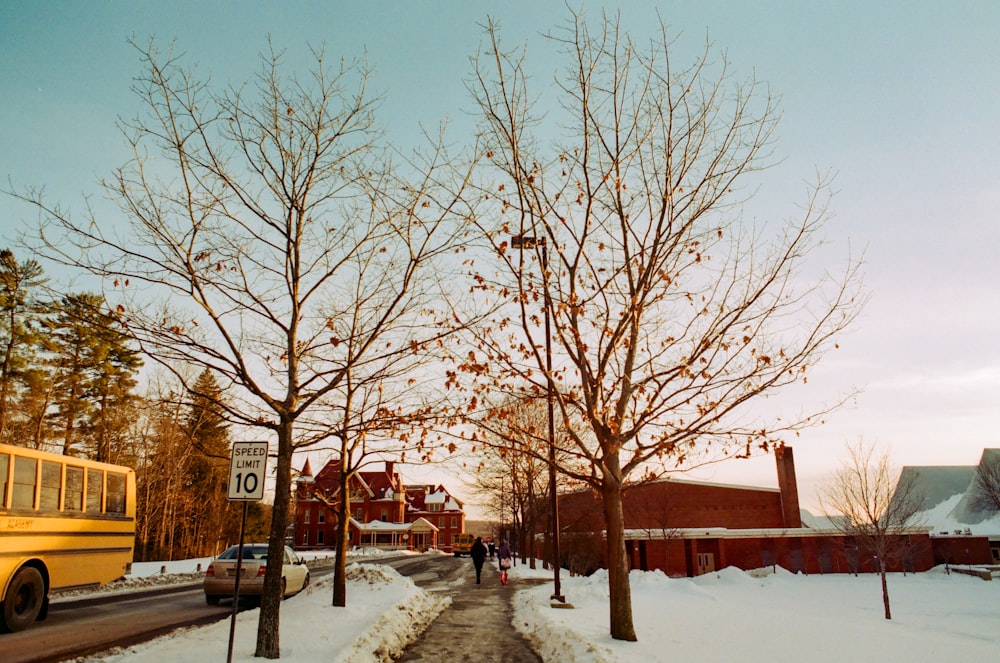 people walking on pathway and few vehicles on road beside field covered with snow under white and blue sky during daytime