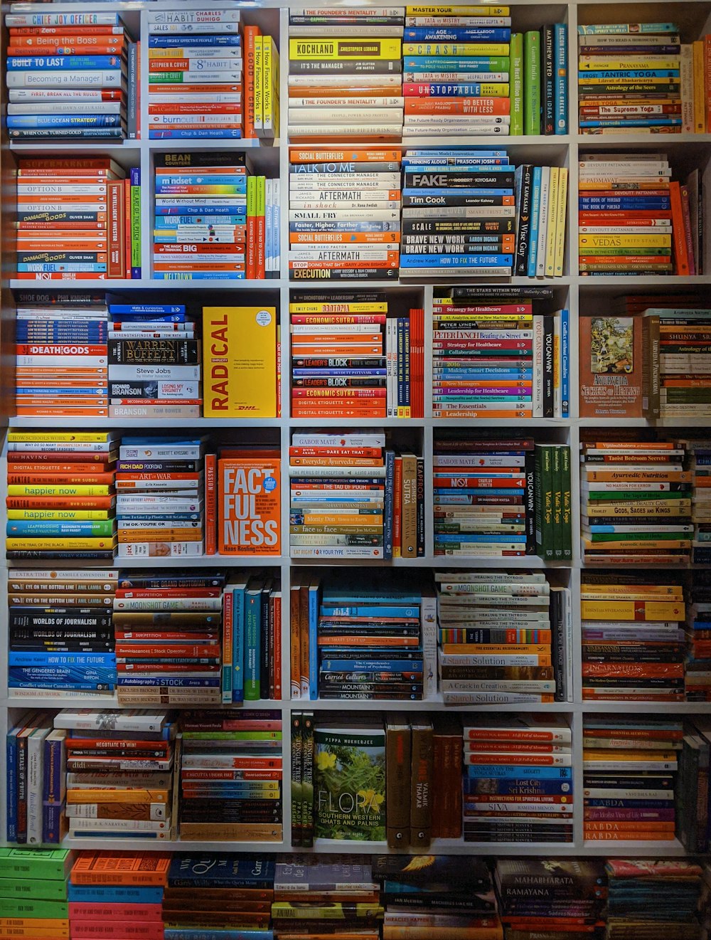 assorted books in cubbby shelves