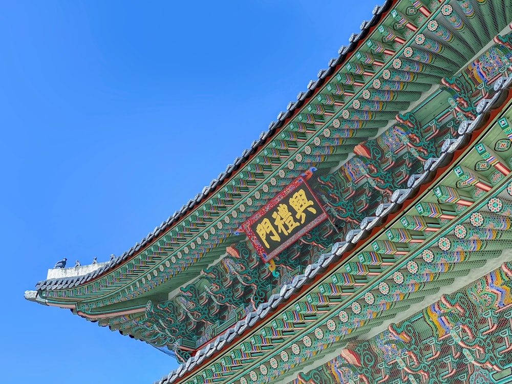 low-angle photography of green building with Kanji script sign