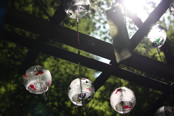 Delicate wind chimes hanging gently in natural sunlight.