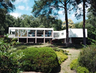 A contemporary house surrounded by lush greenery and large windows.