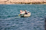 A small boat with a man aboard is seen on the ocean, with a net being cast into the water. The boat is adorned with a flag that appears to have a tree emblem. The rocky coastline is visible in the background, with clear blue water surrounding the boat.
