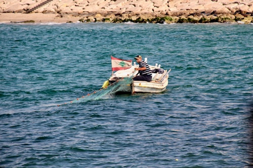 A small boat with a man aboard is seen on the ocean, with a net being cast into the water. The boat is adorned with a flag that appears to have a tree emblem. The rocky coastline is visible in the background, with clear blue water surrounding the boat.