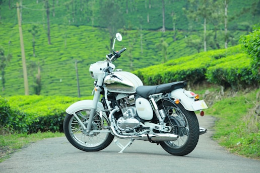 A scenic road winding through lush Tamil Nadu countryside with a rented motorcycle parked by the roadside.