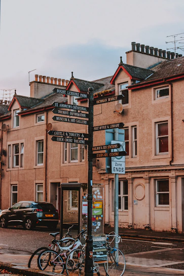 A street view featuring an old-style signpost with multiple directional signs pointing to various local attractions. Surrounding the signpost are bicycles parked against it, a black car, and a background of historic buildings with classic architectural features.