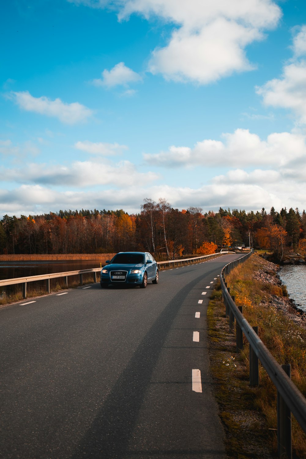 blue vehicle on road